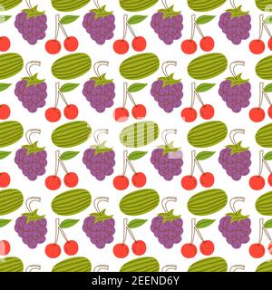 Fruchtmuster mit bunten, Wassermelone, Kirschen, Trauben. Handgezeichnete verschiedene leckere saftige Früchte. Trendige Illustration. Flaches Design. Cartoon-Stil. Stock Vektor