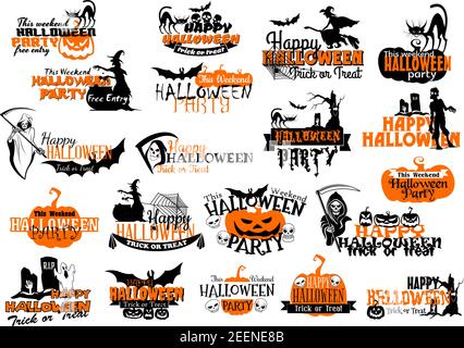 Happy Halloween-Party oder Urlaub Grußkarte Symbole gesetzt. Vektor-Set von Kürbis, Halloween gruselige Symbole der Hexe, Zombie und Skelett auf Friedhof, t Stock Vektor