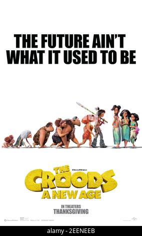 The Croods: A New Age (2020) unter der Regie von Joel Crawford mit Nicolas Cage, Emma Stone und Ryan Reynolds . Die prähistorische Familie die Kroaten werden von einer rivalisierenden Familie, den Bettermans, herausgefordert, die behaupten, besser und weiter entwickelt zu sein. Stockfoto