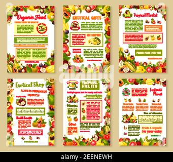 Exotische Früchte Poster oder Broschüre von tropischen Papaya, Guava oder Maracuya und Karambola. Vector Set von Passionsfrucht, Durian oder Süßholz und Rambutan, dra Stock Vektor