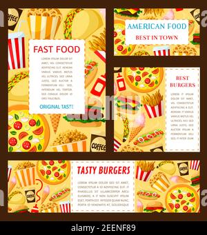 Fastfood Restaurant Poster und Banner Vorlagen Set von Cheeseburger Burger oder Hamburger, Hot Dog Sandwich und Pizza, Donut oder Popcorn Dessert und c Stock Vektor