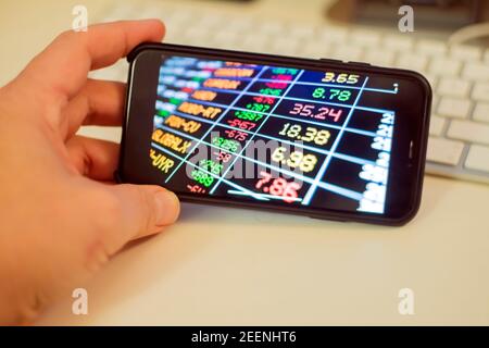 Business-Technologie und Börsenkonzept: Eine menschliche Hand hält ein Smartphone. Auf dem Bildschirm werden farbige Zahlen angezeigt, die eine grafische Darstellung der Finanzdaten anzeigen. Stockfoto
