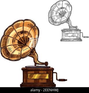 Gramophone Phonograph alten Retro-Musik-Player oder Musikinstrument Skizze Symbol. Vector isoliert vintage Plattenspieler sprechende Maschine für klassische Musik Co Stock Vektor