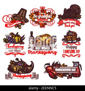 Thanksgiving Tag Grußkarte Ikonen von truthahn und Wein, Obstkuchen, Kürbis oder Maisernte, Ahornblatt oder Eichel auf Pilgerhut. Vektorskizzen Stock Vektor