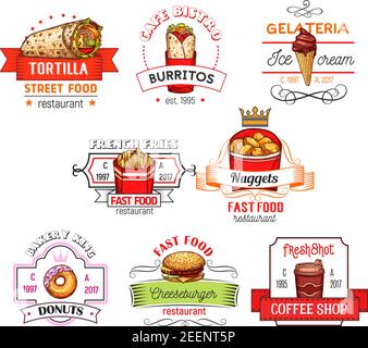 Fast Food Restaurant Symbole Vorlagen. Vector Set für Tortilla Taco oder Burrito, Eis Dessert oder Donut, Chicken Nuggets oder französisch frites und Cheeseb Stock Vektor