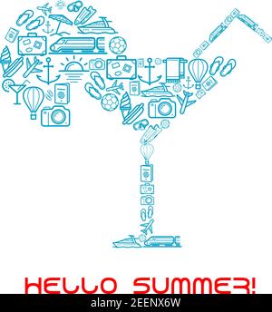 Cocktail-Glas mit Sommerurlaub, Reise-und Tourismus-Symbole von Strand, Palmen, Pass, Flugzeug, Sonne und Kamera, Tasche, Hotel und Sonnenschirm, Gepäck, Stock Vektor