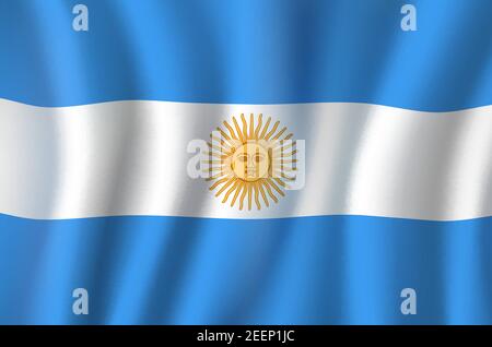 Argentinien Flagge 3D Hintergrund aus blauen, weißen horizontalen Farbstreifen und goldener Sonne. Argentinische republik Land offizielle Nationalflagge winkt mit c Stock Vektor