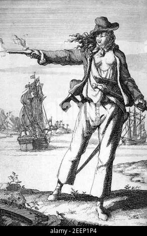 ANNE BONNY (1697-1733) Irische Piratin und Freundin von Mary Reed. Illustration aus einer niederländischen Ausgabe der Allgemeinen Geschichte der Pyrates im Jahr 1724 veröffentlicht.