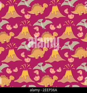 Nahtloses Muster mit Dinosauriern, Palmen und Vulkanen Vektor-Illustration Stock Vektor