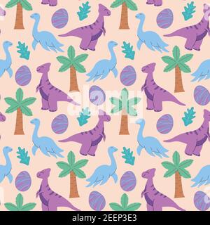 Niedliche Dinosaurier und tropische Pflanzen. Lustige Cartoon Dino nahtlose Muster. Handgezeichnetes Vektor-Doodle-Design für Mädchen, Kinder. Handgezeichnetes Kindermuster Stock Vektor