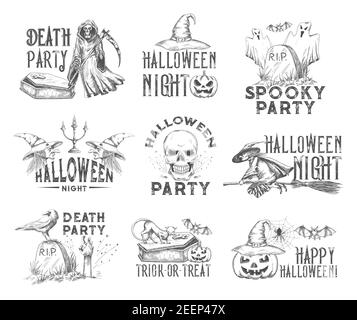 Halloween Urlaub Party Skizze Symbol Set. Geist, Kürbislaterne, Fledermaus und Hexe, gruseliger Skelettschädel, Friedhofsgrab mit Zombie-Hand, Sarg und Katze Stock Vektor