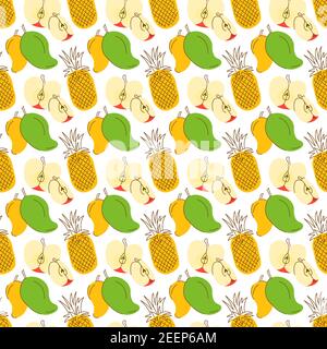 Muster Hintergrund mit drei Element Früchte Färbung. Tropisches Sommer-Nahtloses Muster mit Ananas, Mango, Apfel Stock Vektor