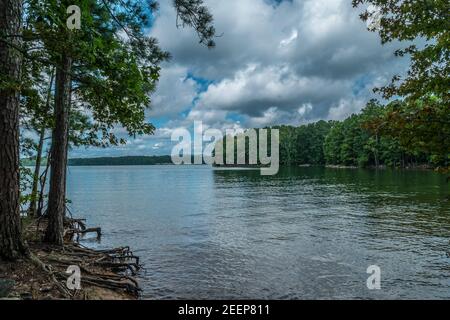 Blick auf Lake Lanier, Georgia von der Küste mit Bäumen neben exponierten Wurzeln und der Bootsrampe quer durch die Wälder und die Berge hinein Stockfoto