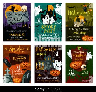 Halloween Urlaub Grußkarte Set. Gruseliger Geist, Kürbis und Hexenplakat mit Spukhaus, Fledermaus und Spinne, Friedhofsgrab, Skelettschädel und Zom Stock Vektor