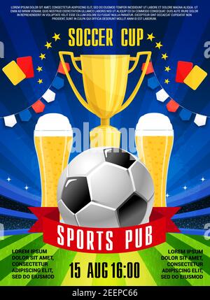 Fußball Sport Pub oder Bar Poster für Fußball-Meisterschaft TV-Übertragung. Vektor-Design von Fußball, Teamsieger goldene Tasse oder Bier in Gläsern und Stock Vektor
