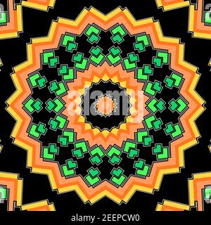 Orange grün gelb und weiß gefärbte Mandala Hintergrund Bild Muster isoliert auf dunklem oder schwarzem Hintergrund. Stockfoto