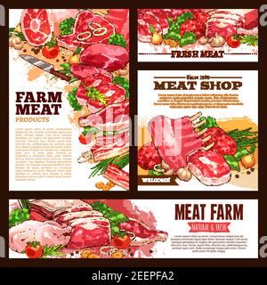 Fleisch frisch geschnitten Vektor-Banner-Template-Set. Rindersteak, Schweineschinken, Speck und Kotelett, Lammrippen und Sirloin-Brisket, Huhn oder putengeflügel, Grillburger Stock Vektor