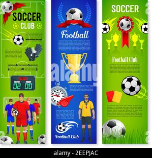 Fußball-Sport-Spiel und Fußball-Club Banner Vorlage Set. Fußball auf Fußballplatz mit Tor, Spieler, Schiedsrichter, Champion Cup und Soccerboard Vektor Stock Vektor