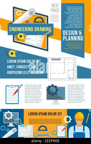 Bau-, Planungs- und Gebäudedesign Banner für Architektur Firmenvorlage. Konstruktionszeichnungen, Hausplan, Baumeister mit Werkzeug, Schraubenschlüssel, Gewindebohrer Stock Vektor