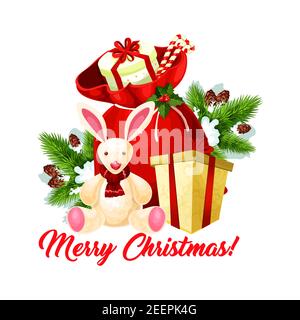 Weihnachtsgeschenk und Süßigkeiten Grußkarte. Weihnachtsmann Geschenktasche mit Weihnachtsgeschenken, Geschenkbox, Hase Spielzeug und Zuckerrohr, mit schneebedeckten Weihnachtsbaum und verziert Stock Vektor