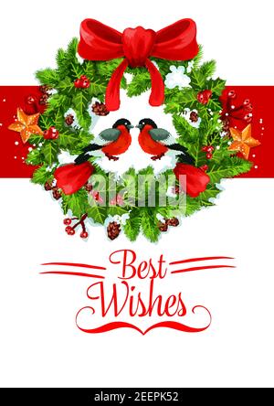 Weihnachten oder Neujahr besten Wunsch Grußkarte Design Vorlage für Winterurlaub. Vektor-Ikone der Weihnachtsdekoration von Stechpalme und Tannenkranz, golden Stock Vektor