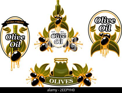 Olivenöl Symbole oder Etiketten von grünen und schwarzen Oliven für extra vergine Produktverpackung Design-Vorlage. Vector Set von Ölflasche oder Glas und Tropfen auf Oli Stock Vektor