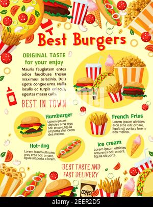 Fastfood Poster der besten Burger, Pizza und Sandwiches für Fastfood-Restaurant oder Lieferung. Vector Combo Mahlzeiten von Cheeseburger, Hamburger oder Hot Dog A Stock Vektor