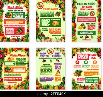 Obst Poster Set für Bauernhof Obstladen oder Bauernmarkt. Vector Garten Apfel, Pfirsich oder Birne und Aprikose, Bio-Traube oder Kiwi und Granat, frische Tropf Stock Vektor