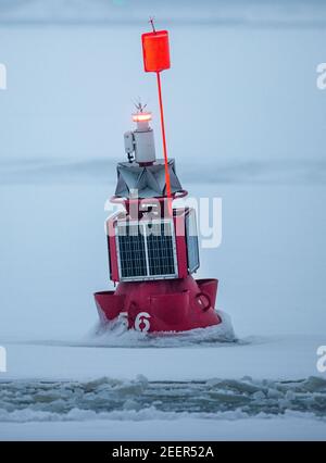 Stralsund, Deutschland. Februar 2021, 16th. Eine beleuchtete Fairwayboje für die Annäherung an den Hafen steckt im Eis fest. Das frostige Wetter der letzten Tage hat auf den Boddengewässern der Ostsee in Mecklenburg-Vorpommern eine Eisschicht verursacht. Quelle: Jens Büttner/dpa-Zentralbild/dpa/Alamy Live News Stockfoto