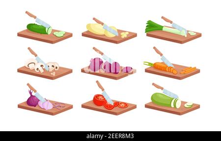 Gemüsescheiben mit Küchenmesser isometrisches Set, frisches rohes, geschnittenes Gemüse an Bord Stock Vektor