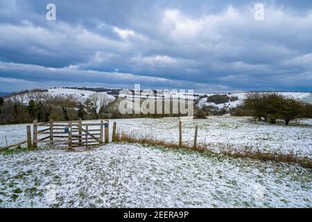 Eine Schneedecke der Umgebung von Devils Dyke in der Nähe von Brighton, East Sussex, England, Großbritannien Stockfoto