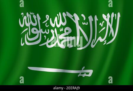 Flagge Saudi Arabiens 3D Vektor mit arabischer Inschrift und Schwert auf grünem Feld. Nationale Banner von Saudi-Arabien für Asienreisen, Arabien souverän st Stock Vektor