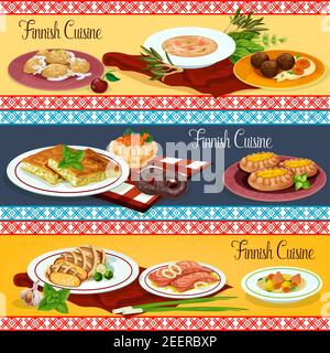 Finnische Küche Restaurant-Menü Banner-Set. Skandinavische Fischgemüsesuppe, Kartoffelknödel, Lachssteak, Kartoffelpüree mit Fleischbällchen, Reis und Fisch Stock Vektor