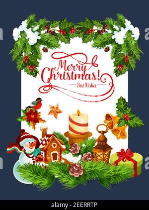 Frohe Weihnachten wünscht Grußkarte der Winterurlaub Dekoration, Weihnachtskerzen auf Weihnachten Kiefer oder Tannenbaum Kranz. Vector Schneemann, Neujahr Geschenke ein Stock Vektor