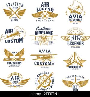 Aviation Retro Icons Set von Flugzeug Propeller und Flügel für avia Zoll und Pilot Legende Team Labels. Vektor isolierte Abzeichen von vintage Luftschraube für Stock Vektor