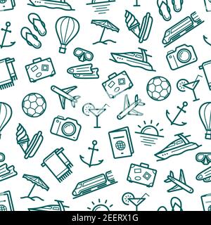 Reisen und Sommerurlaub nahtloses Muster. Vector Seekreuzfahrt Boot oder Yacht, Fußball, Reise-Pass und Flugzeug, Anker und Kamera oder Zug Stock Vektor