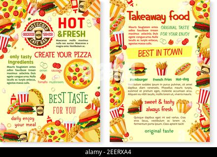 Fastfood-Poster für Burger oder Pizza-Imbiss-Bistro oder Fastfood-Restaurant. Vector Mahlzeiten und Snacks Menü von Cheeseburger Sandwich, Hamburger oder heiß Stock Vektor