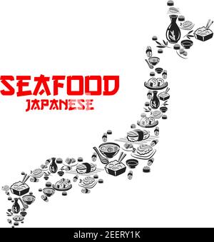 Japanische Meeresfrüchte-Küche oder Sushi-Bar Icon-Vorlage in Form von Japan-Karte. Vektor-Design von Sashimi und Sushi-Rollen, Lachs Fisch und Garnelen, Reis und Stock Vektor