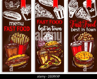 Fast-Food-Menü Banner Vorlagen für Fastfood-Restaurant oder Café gesetzt. Vector Sandwiches von Cheeseburger oder Burger und Hot Dog, Kaffee oder Limonaden a Stock Vektor