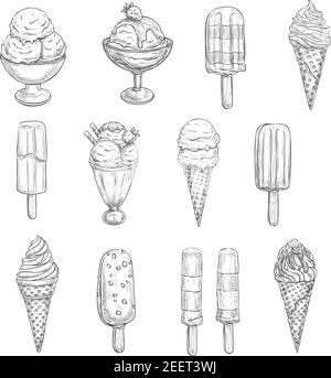 Vektorsymbole für Eiscreme-Skizzen. Isoliertes Set von gefrorenen Desserts, Obst oder Beereneis Eisschaufeln in Waffelkegel, Schokolade Glasur sundae oder Beere s Stock Vektor