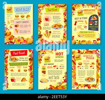 Fastfood-Poster von Burger, Pizza und Sandwich für Fastfood-Restaurant oder Lieferung Designvorlage. Vector Combo Cheeseburger, Hamburger oder Hot Dog A Stock Vektor