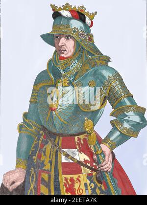 Maximilian I. (1459-1519). Heiliger römischer Kaiser von 1508-1519. Haus Habsburg. Hochformat. Gravur. Stockfoto