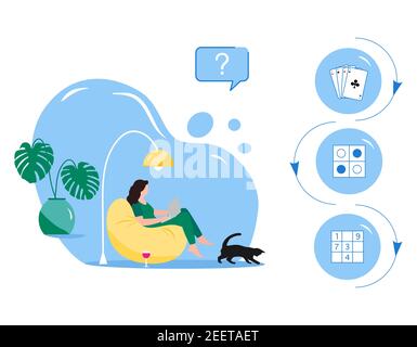 Vektor-Illustration Frau mit Laptop für wählt Online-Spiel zu Spielen Spielkarten Sudoku Tic-tac-Toe Wahl der Unterhaltung entspannen an Leben zu Hause Stock Vektor