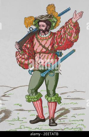 Europa. Deutschland. Frühe Neuzeit. Landsknecht mit Arquebus und katzbalger. Fußsoldat. 6th Jahrhundert. Stockfoto