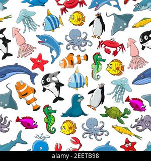 Cartoon Meer Unterwasser nahtlose Muster von Robbe und Pinguin, exotische Clownfische und Flunder, Delphin Wal und Hai, Seesterne und Seepferdchen Mollusk. V Stock Vektor