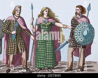 Die Königin des britischen keltischen Iceni-Stammes Boudica (33 -61) zwischen einem Häuptling und einem Krieger. Organisierte eine Revolte gegen die römische Besatzung. England. Stockfoto