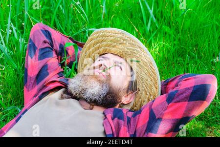 Mann liegt auf Gras. Glücklich entspannt Mann in karierten Hemd und Hut. Mann, der im Sommer im Freien relaxt. Genießen Sie einen sonnigen Tag. Einheit mit der Natur. Stockfoto