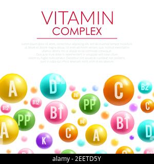 Vitamin-Komplex Poster von Vitaminen Buchstaben auf Blase Kugeln. Vektor-Design von A, B und C und PP oder Ascorbinsäure Vitamin D Mineral für gesundes Livestyl Stock Vektor