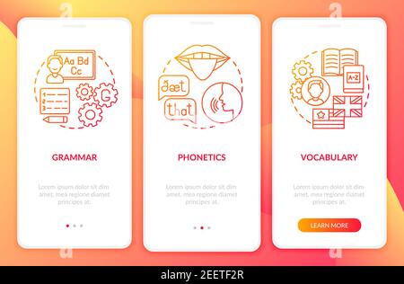 Sprache Lernen Kategorien Onboarding mobile App Seite Bildschirm mit Konzepten Stock Vektor