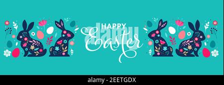 Frohe Ostern, Hasen, Blumen und Eier. Volkstümlicher Stil Stock Vektor